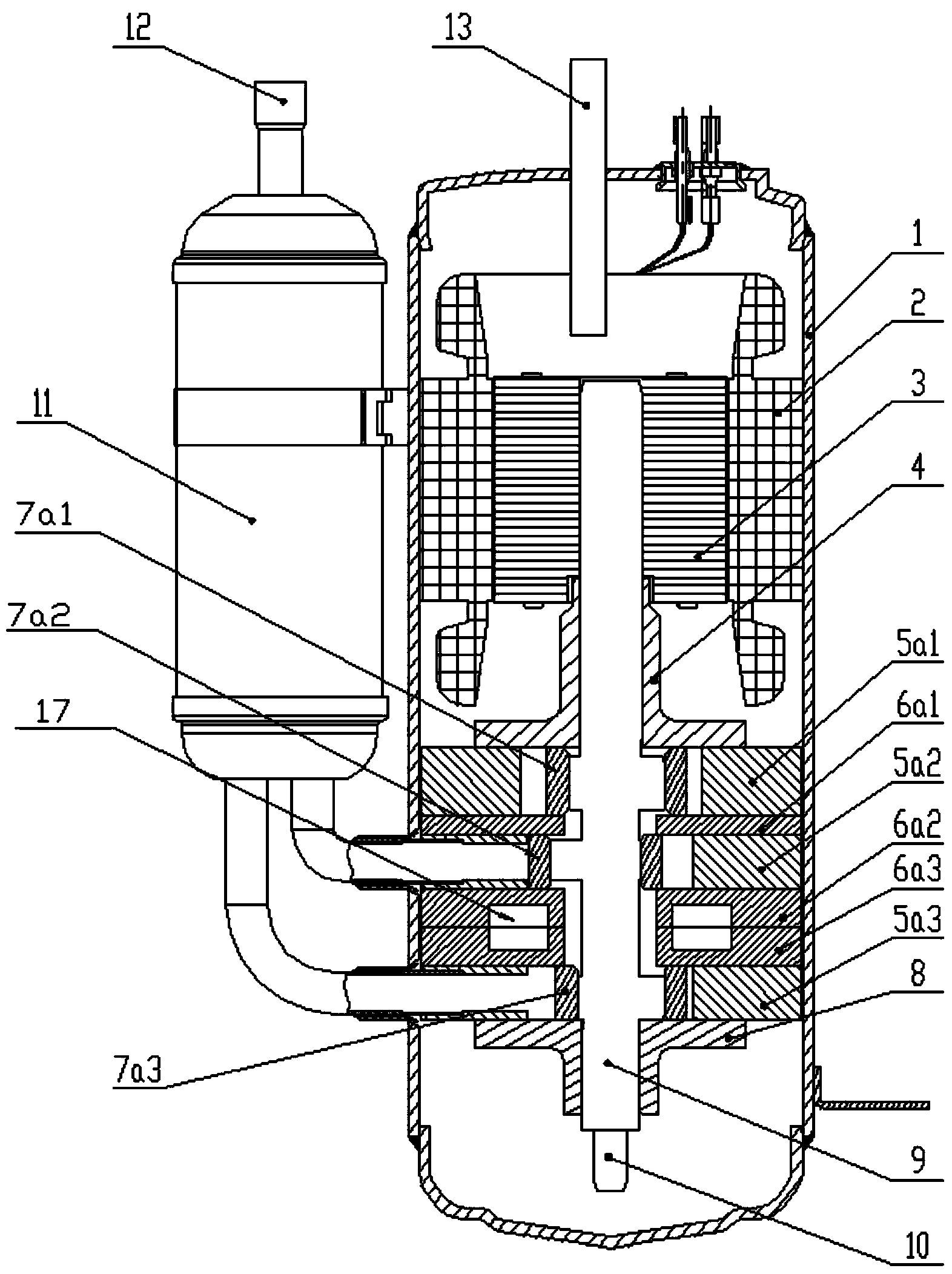 Double-stage enthalpy increasing rotor compressor and air conditioner and heat-pump water heater containing the same