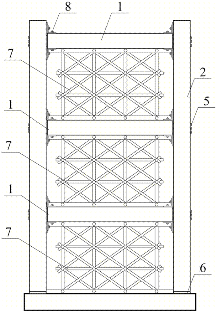 Self-resetting beam-grid friction wall structure system