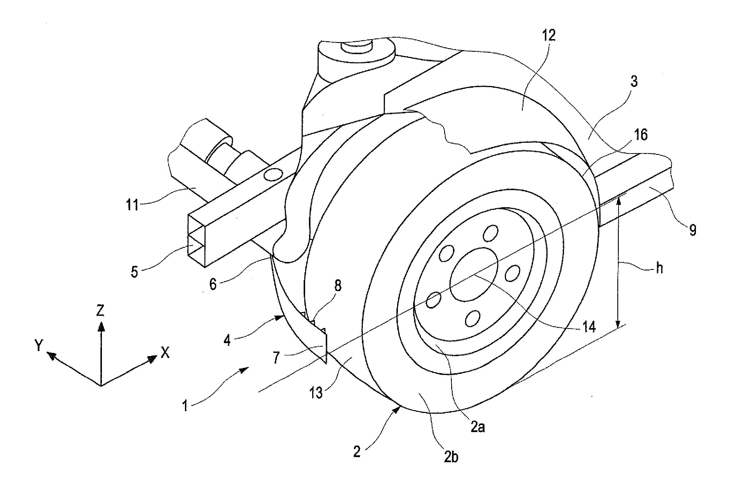 Device for targeted guiding of a wheel relative to a vehicle body in case of a collision and adjusted wheel rim therefore