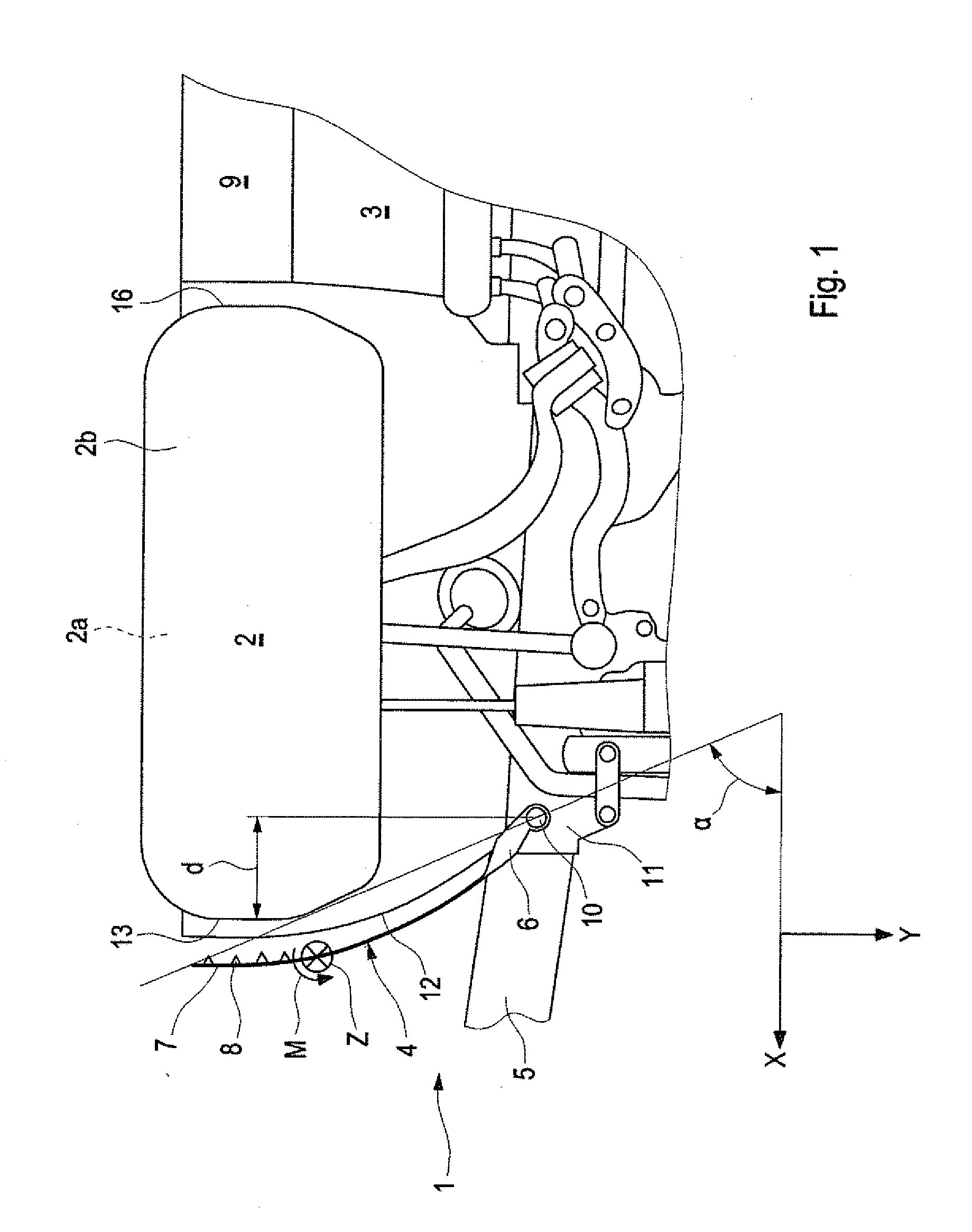 Device for targeted guiding of a wheel relative to a vehicle body in case of a collision and adjusted wheel rim therefore