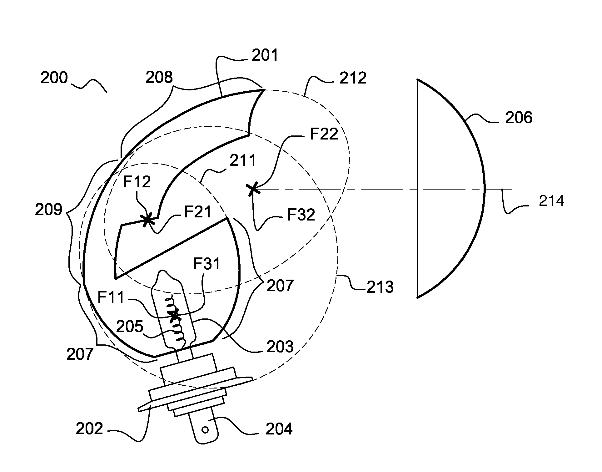 Optical module for an elliptical lighting device adapted to a given volume for a motor vehicle