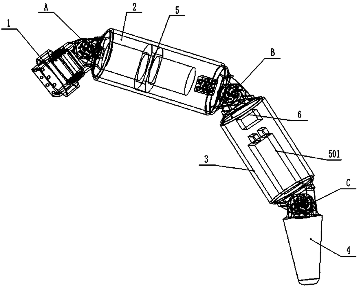 Three-joint bionic mechanical leg with autonomous hydraulic distribution power