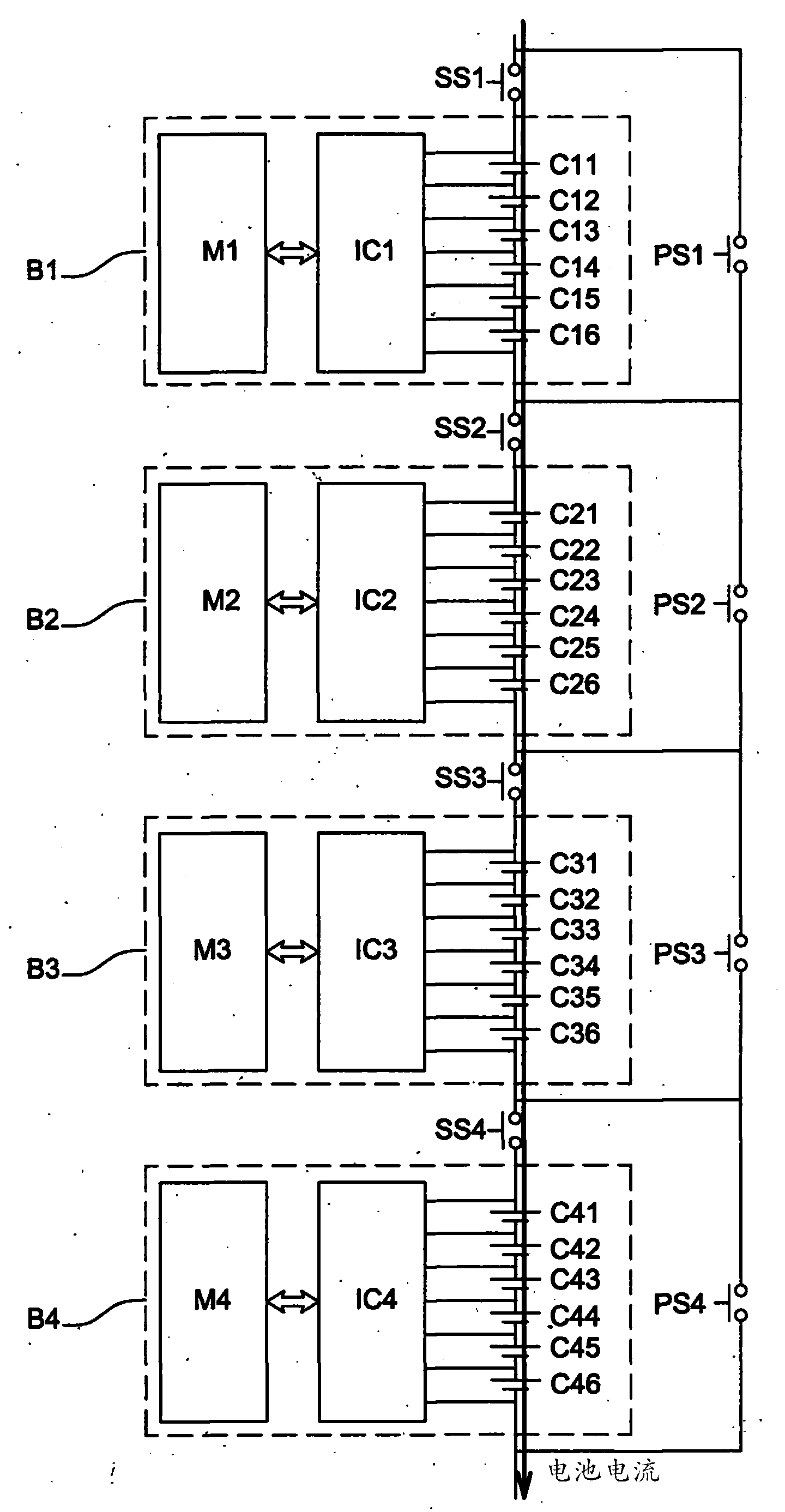 Method for balancing the charge and discharge level of a battery by switching its blocks of cells