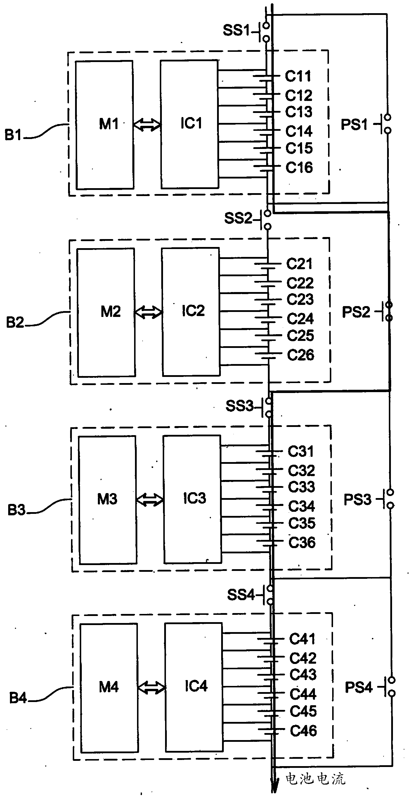 Method for balancing the charge and discharge level of a battery by switching its blocks of cells