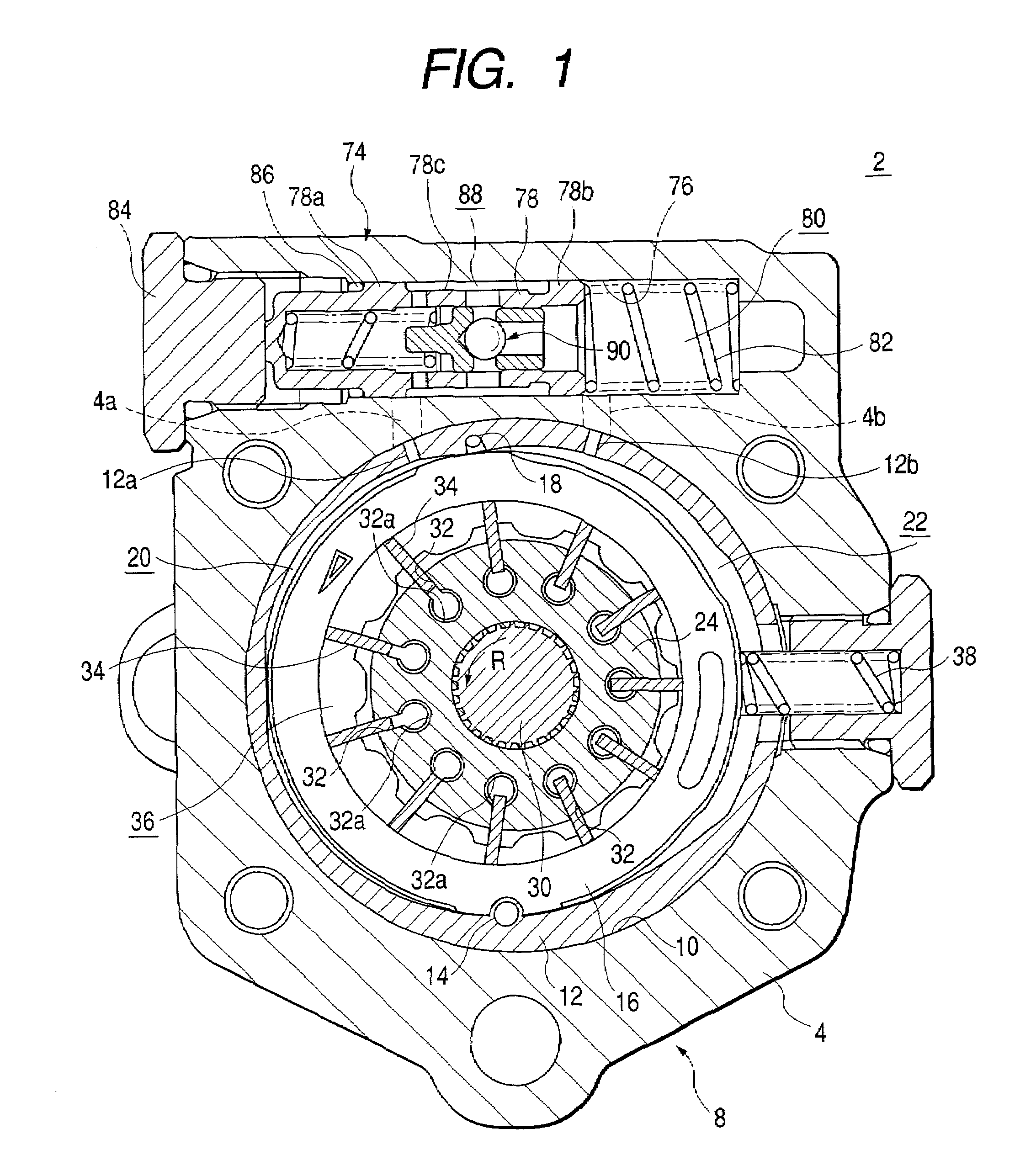Variable displacement pump with a suction area groove for pushing out rotor vanes