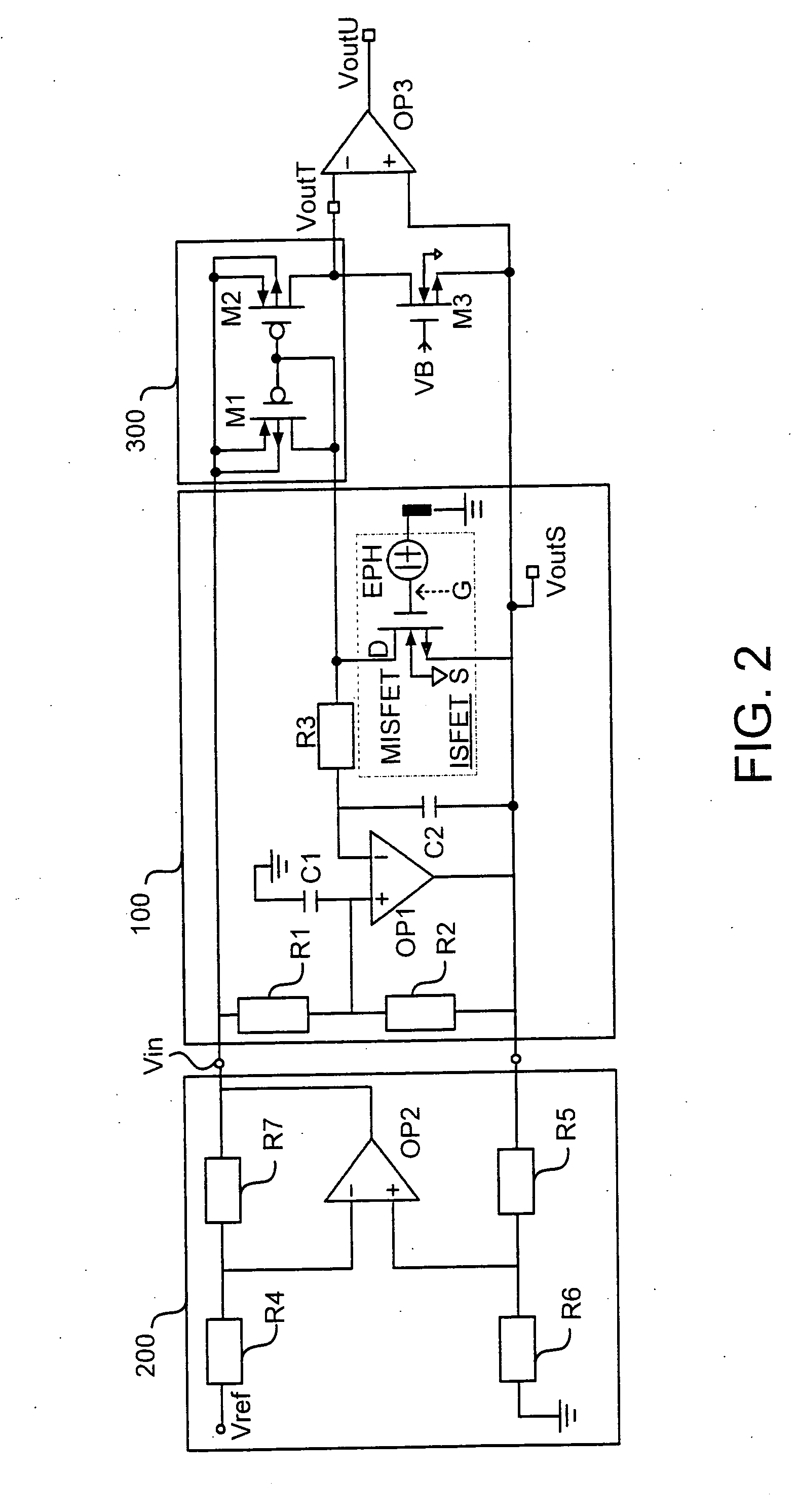 Electronic circuit for ion sensor with body effect reduction