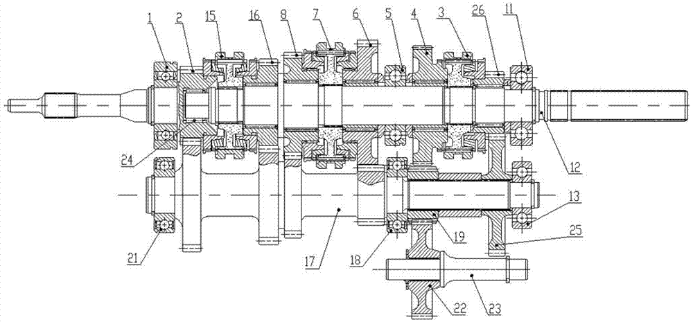 Shaft system structure of five-gear rear drive transmission