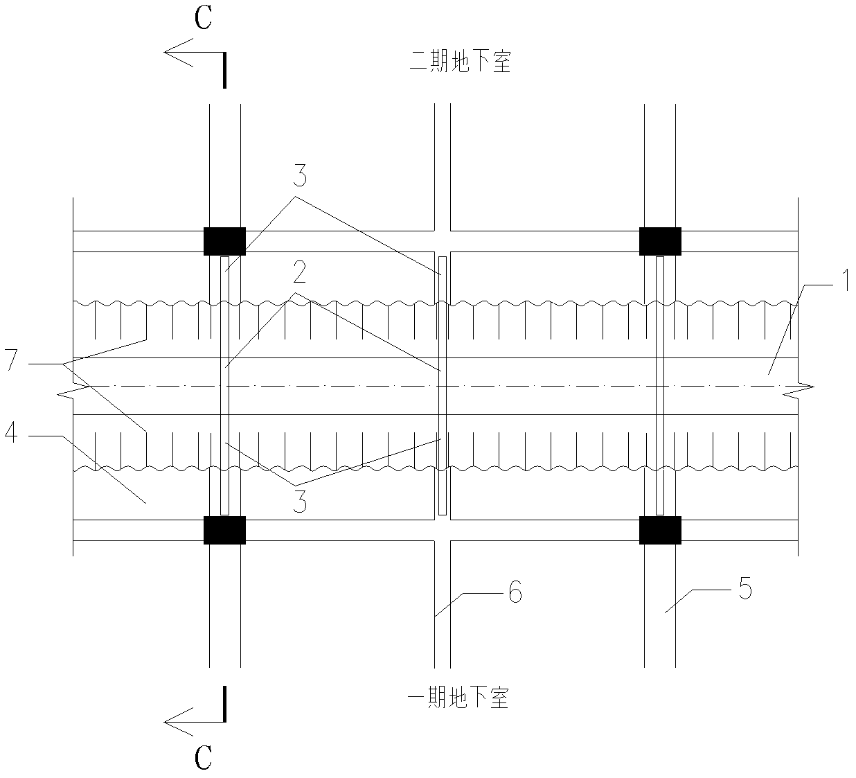 Stage construction basement support change method using underground continuous wall as separation containment