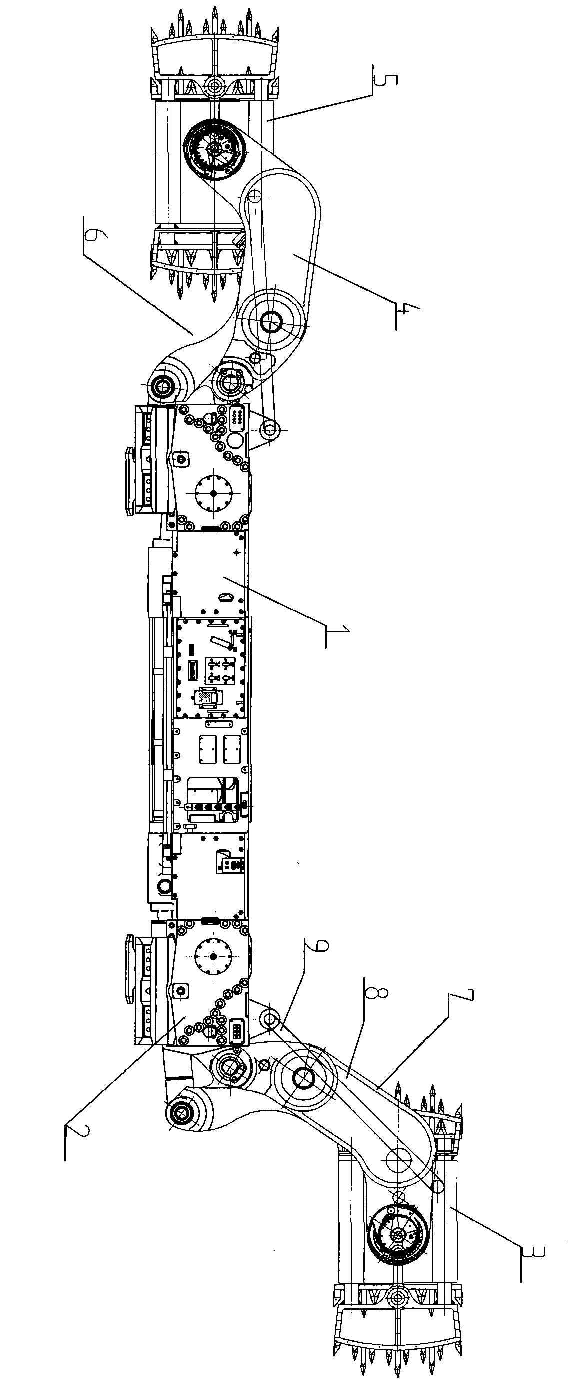 Mining machine with rocker arm provided with coal-passing space