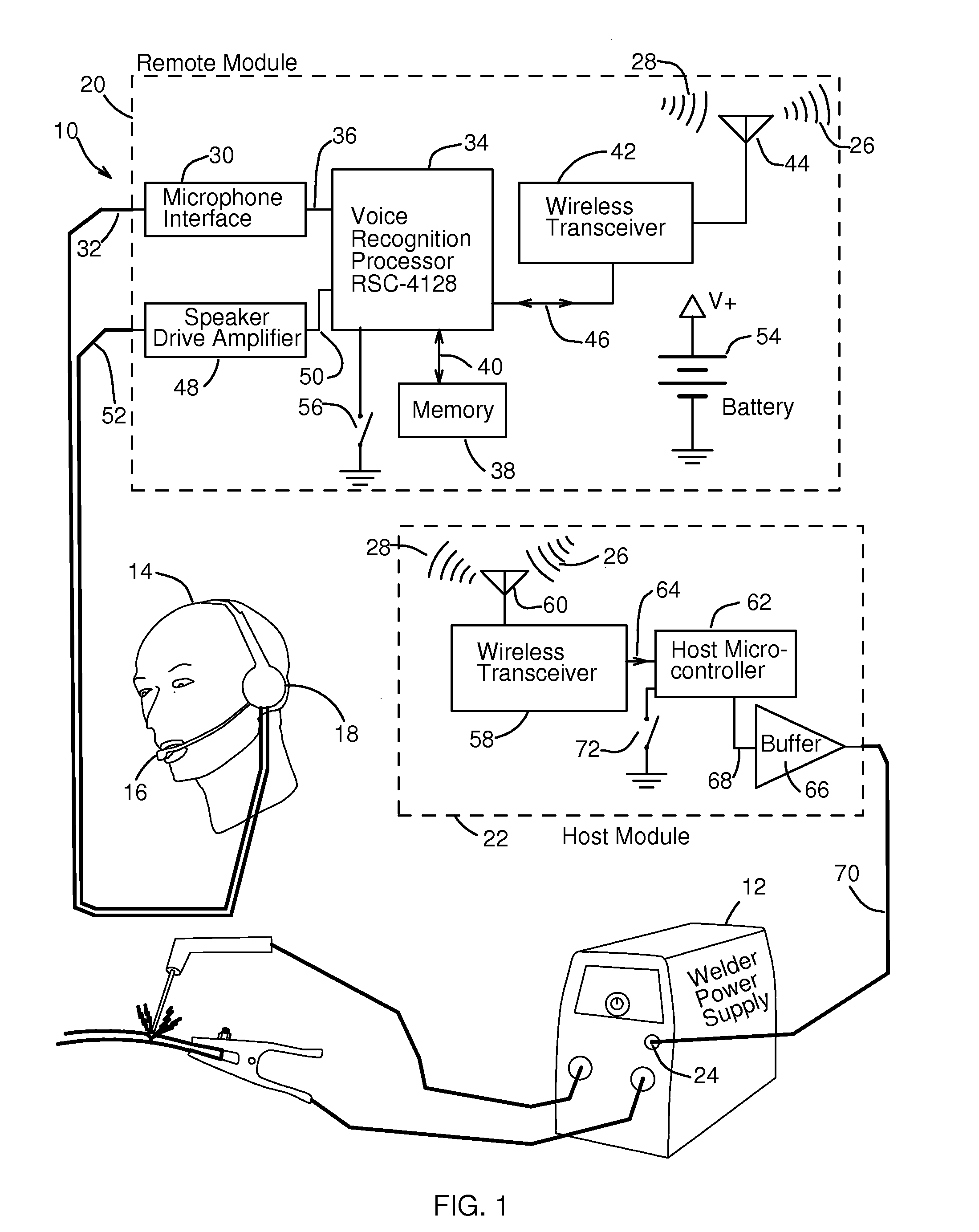Wireless voice recognition control system for controlling a welder power supply by voice commands