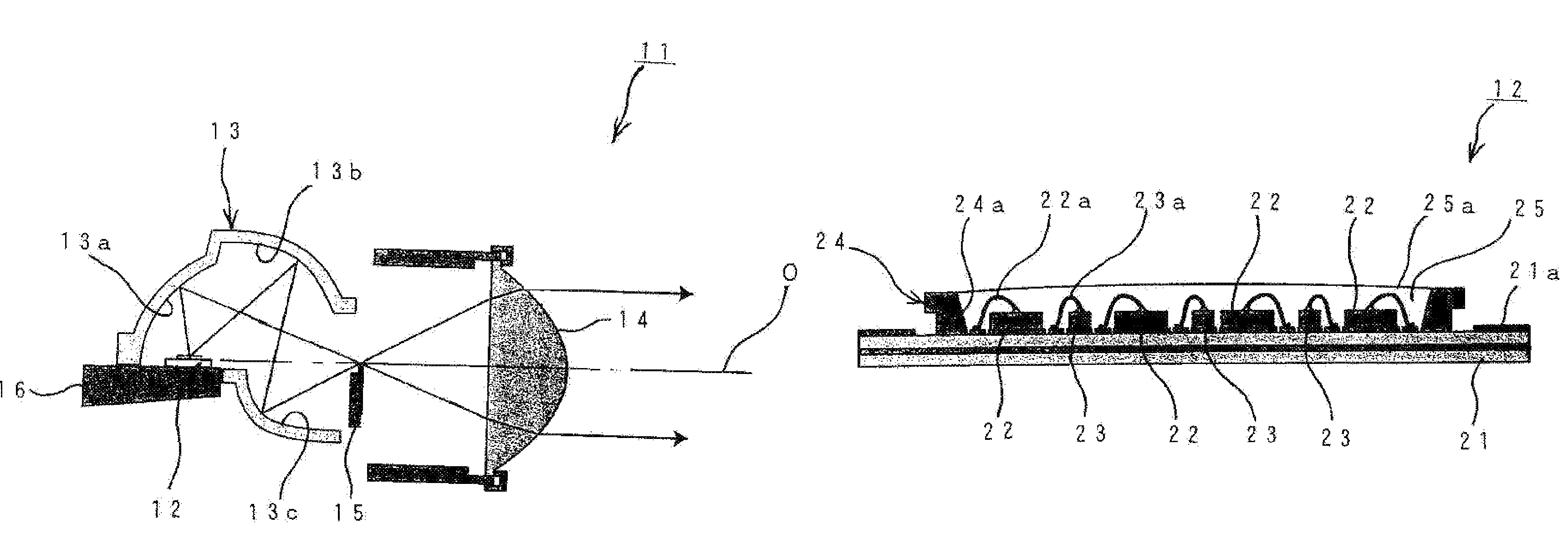 Lamp, optical module, vehicle headlight including the same, and method for controlling color tone of emitted light