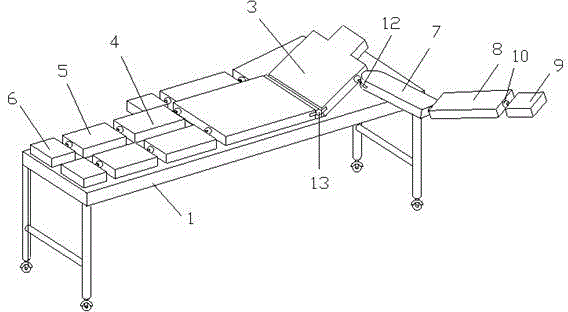 Examination and treatment bed permeable to X-rays and capable of adjusting all joints
