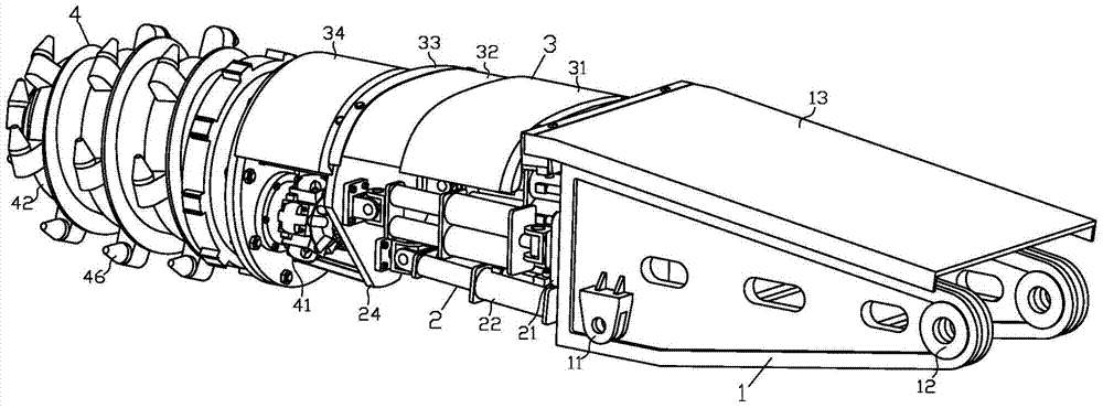 Cutting arm of four-degree-of-freedom hybrid roadheader