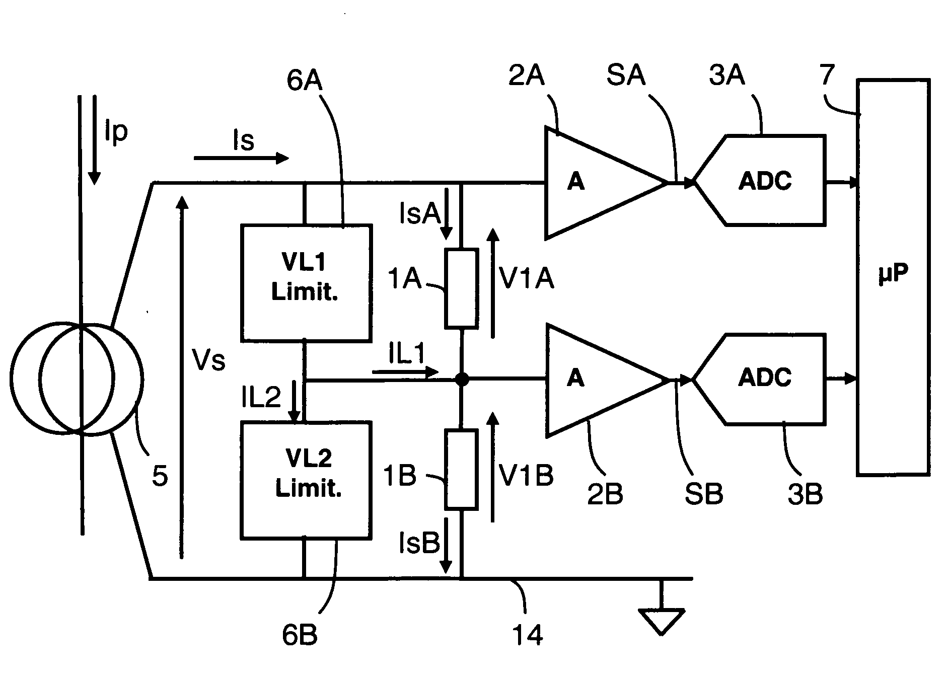 Current measuring device and processing unit comprising one such device