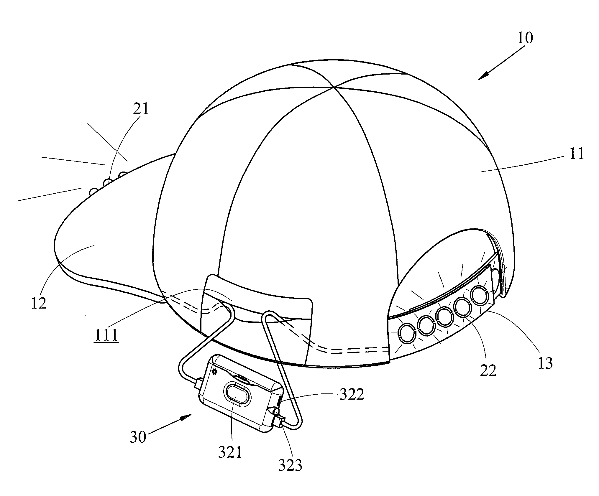 Lighted hat with a power supply device as flashlight