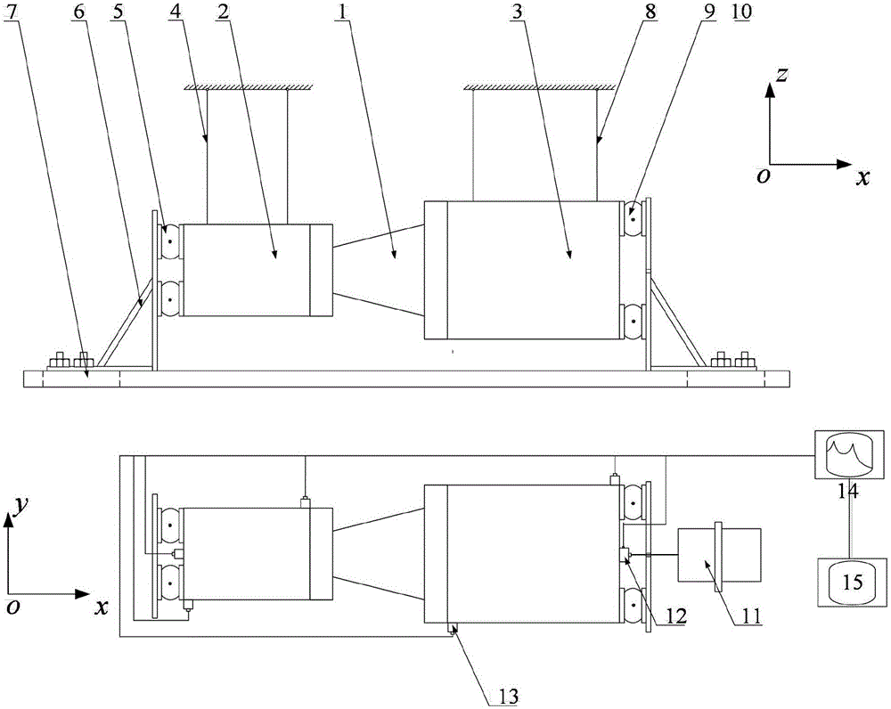 Test device and test method for testing multidirectional impedance matrix and rigidity of vibration isolator