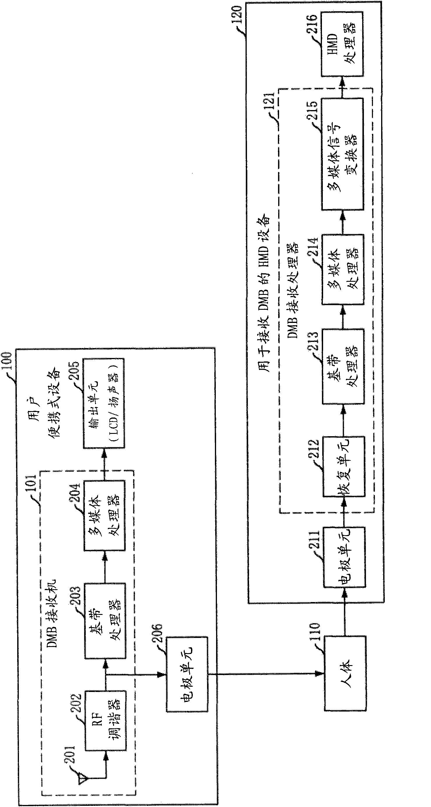 Dmb receiving portable terminal for human body communication, dmb transmitting method thereof, and hmd apparatus and method for dmb reception using human body communication