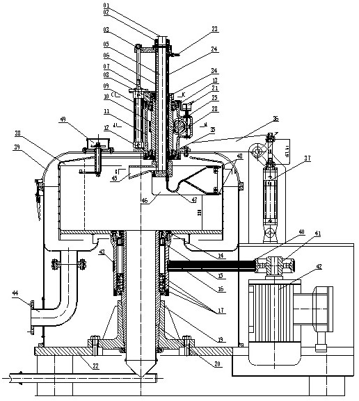 A vertical scraper center discharge filter centrifuge