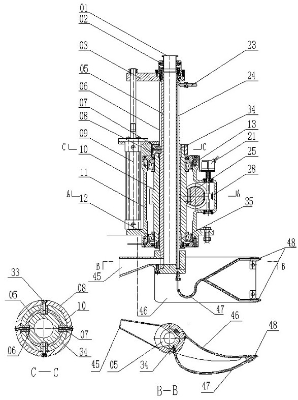 A vertical scraper center discharge filter centrifuge