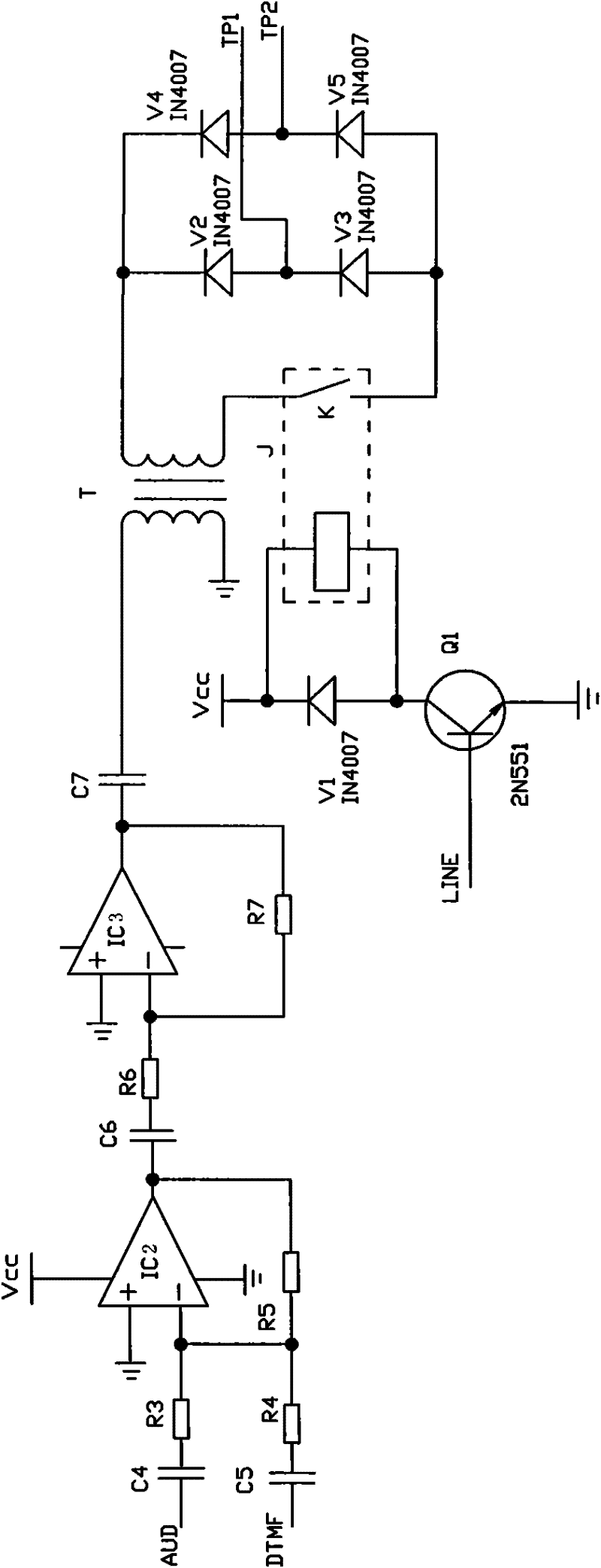 Telephone interface circuit of automatic detection alarm tester for communication cable breakpoint