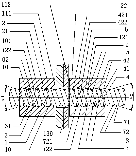 Bolt and nut connecting structure for dumbbell-like shaped symmetrical two-way tapered threads