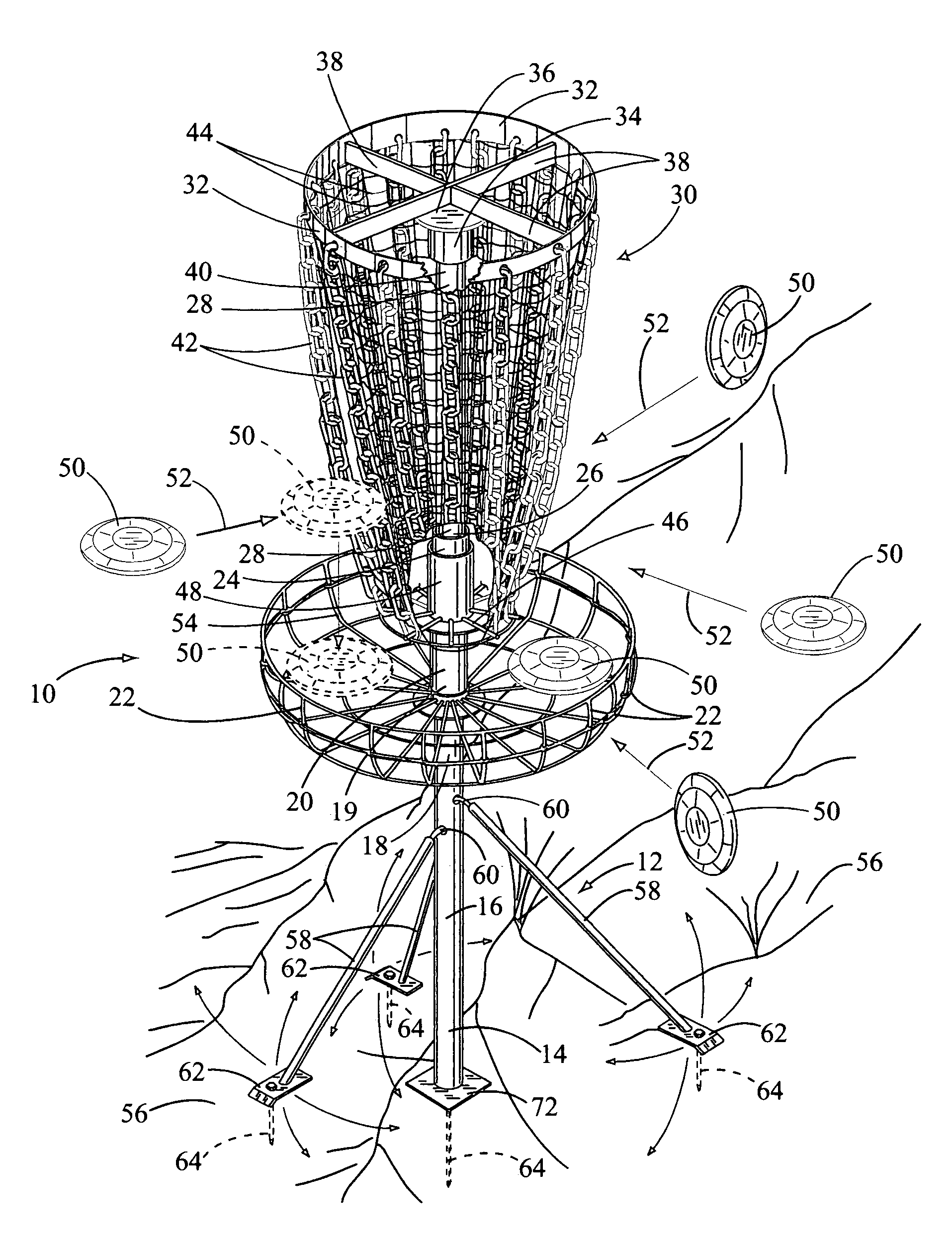 Flying disk target assembly for engaging and catching flying disk