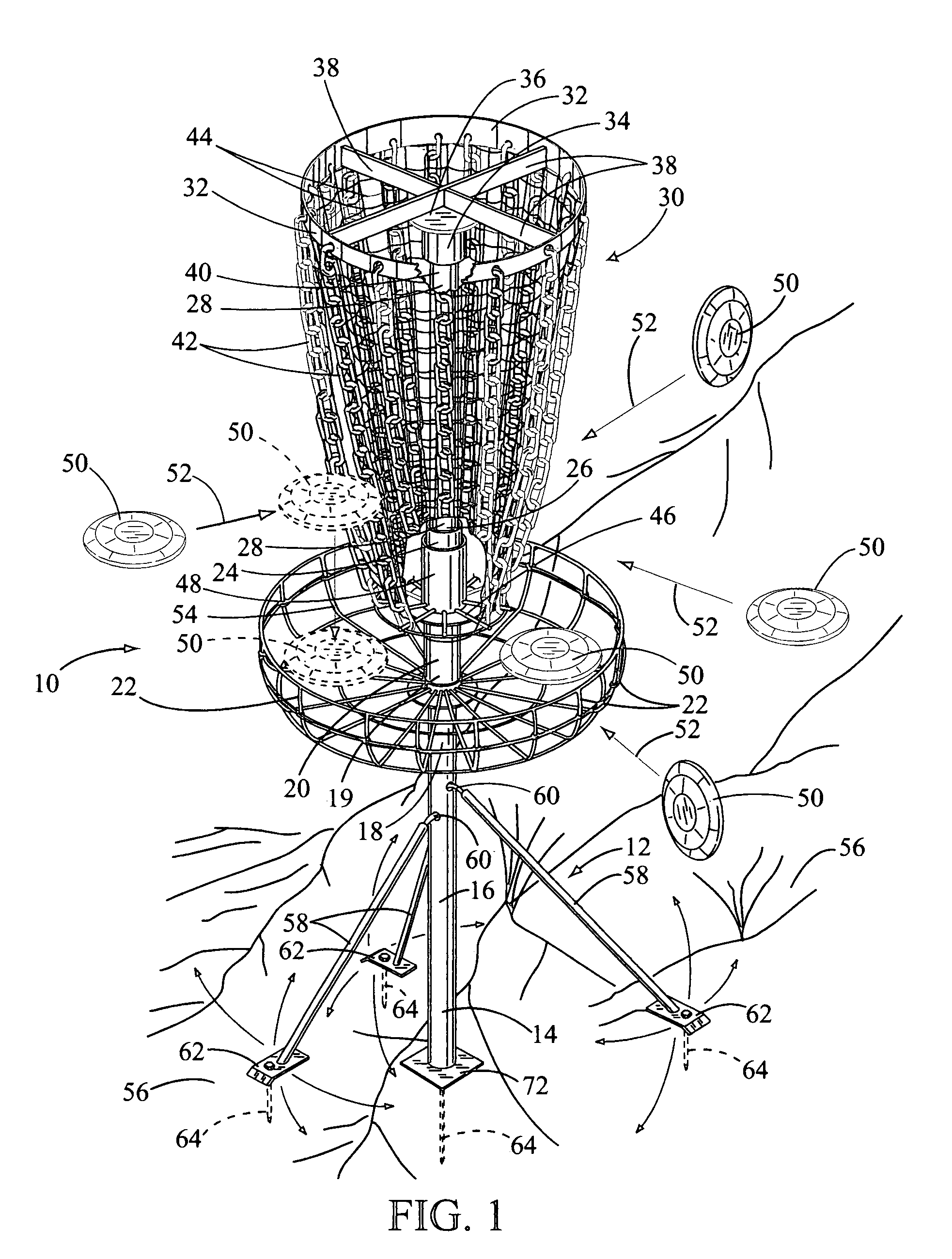 Flying disk target assembly for engaging and catching flying disk