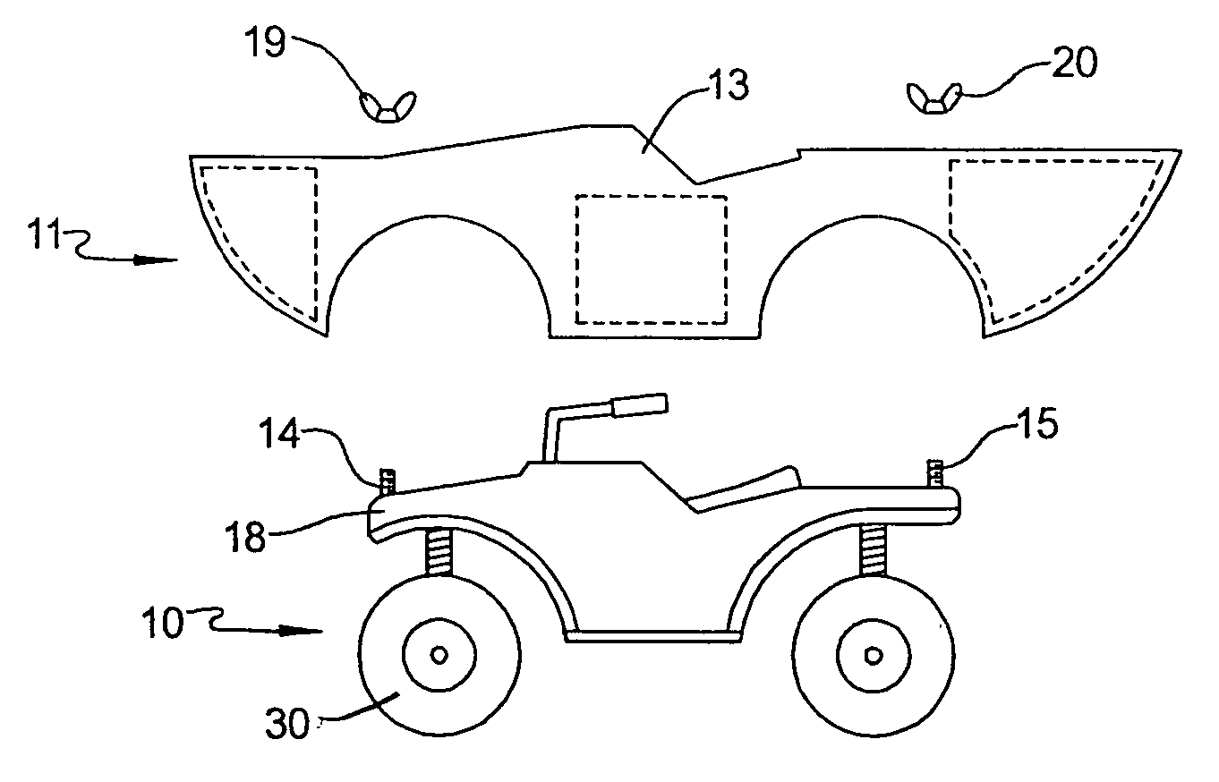 Apparatus to convert an all terrain vehicle into a boat, and methods of constructing and utilizing same