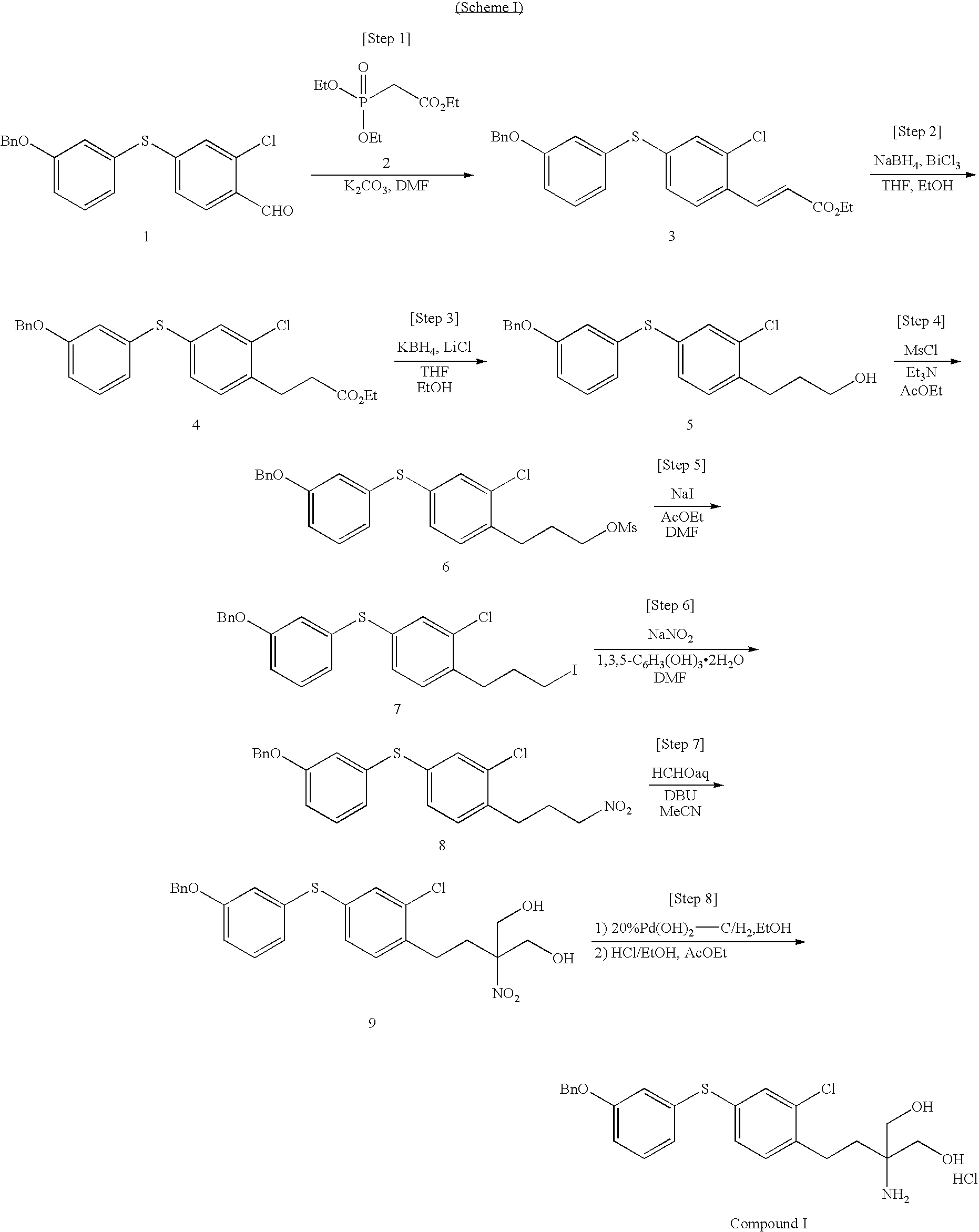 Process for Producing 2-Amino-2-[2-[4-(3-Benzyloxyphenylthio)-2-Chlorophenyl]Ethyl]-1,3-Propanediol Hydrochloride and Hydrates Thereof, and Intermediates in the Production Thereof