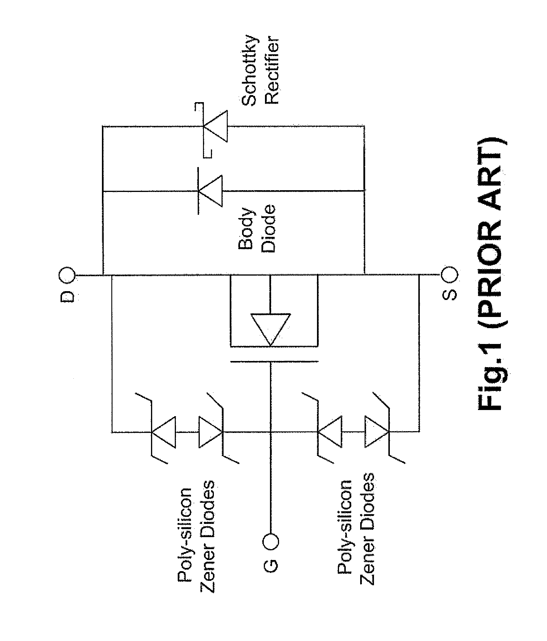 Shielded gate mosfet-schottky rectifier-diode integrated circuits with trenched contact structures