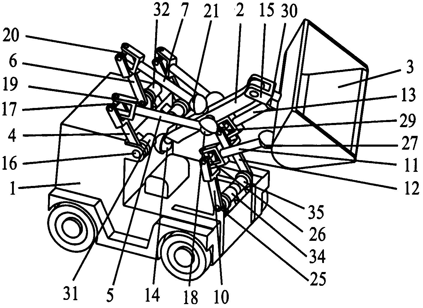 Space controllable mechanism-type loader with three-dimensional rotational moving arm and two-dimensional rotational bucket