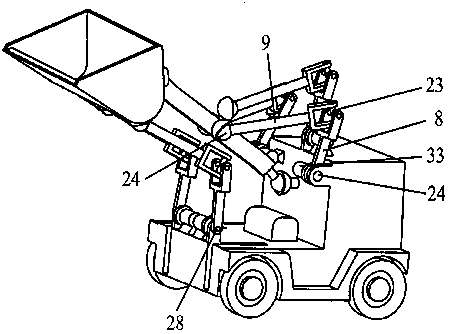 Space controllable mechanism-type loader with three-dimensional rotational moving arm and two-dimensional rotational bucket