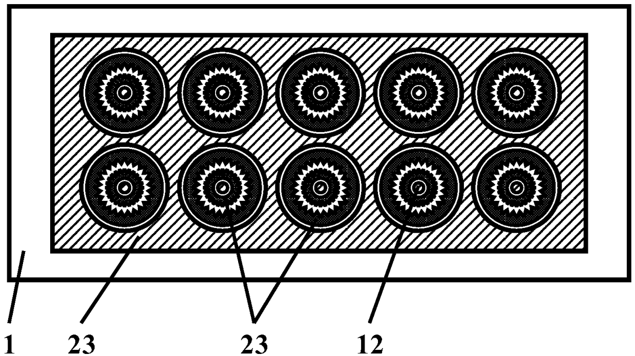Light-emitting display with misaligned relative angular arc-ring cathode three-curve trunk curved door control structure
