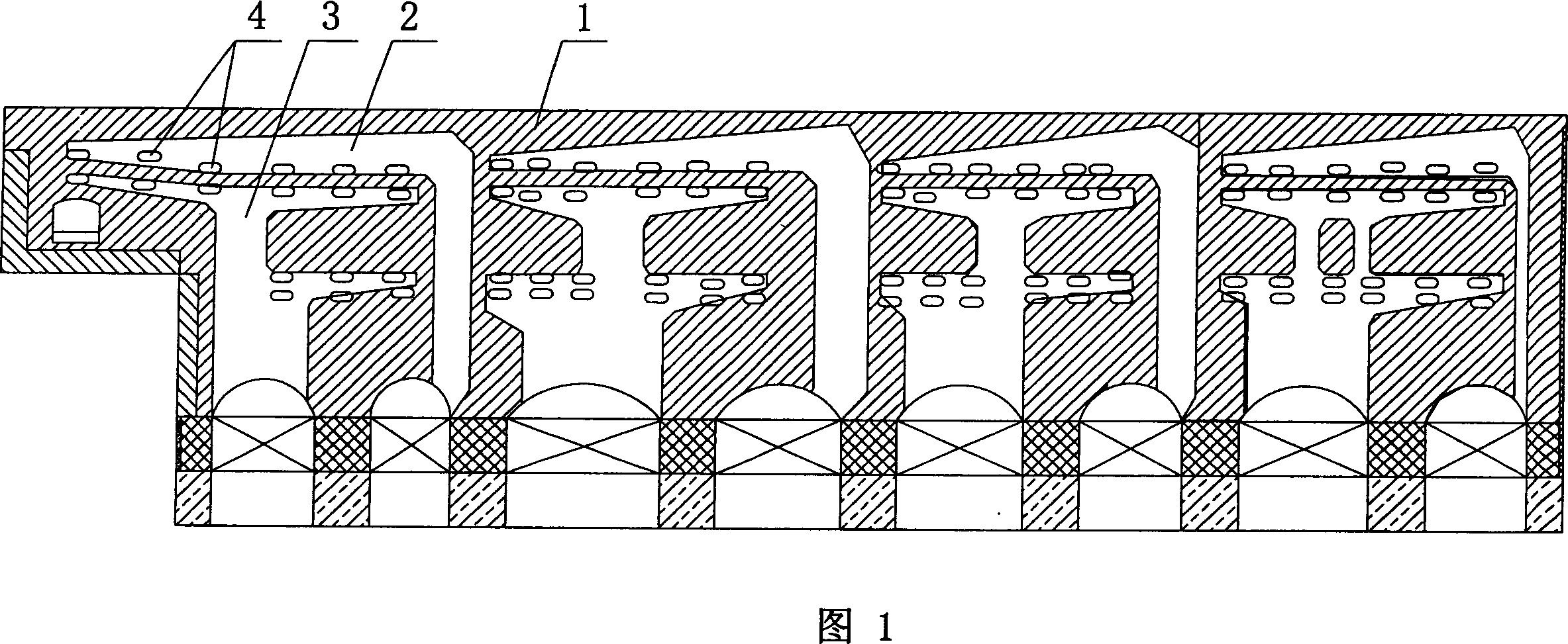 Construction method for burner, air channels, gas flues inside furnace wall of heating furnace in heat storage type