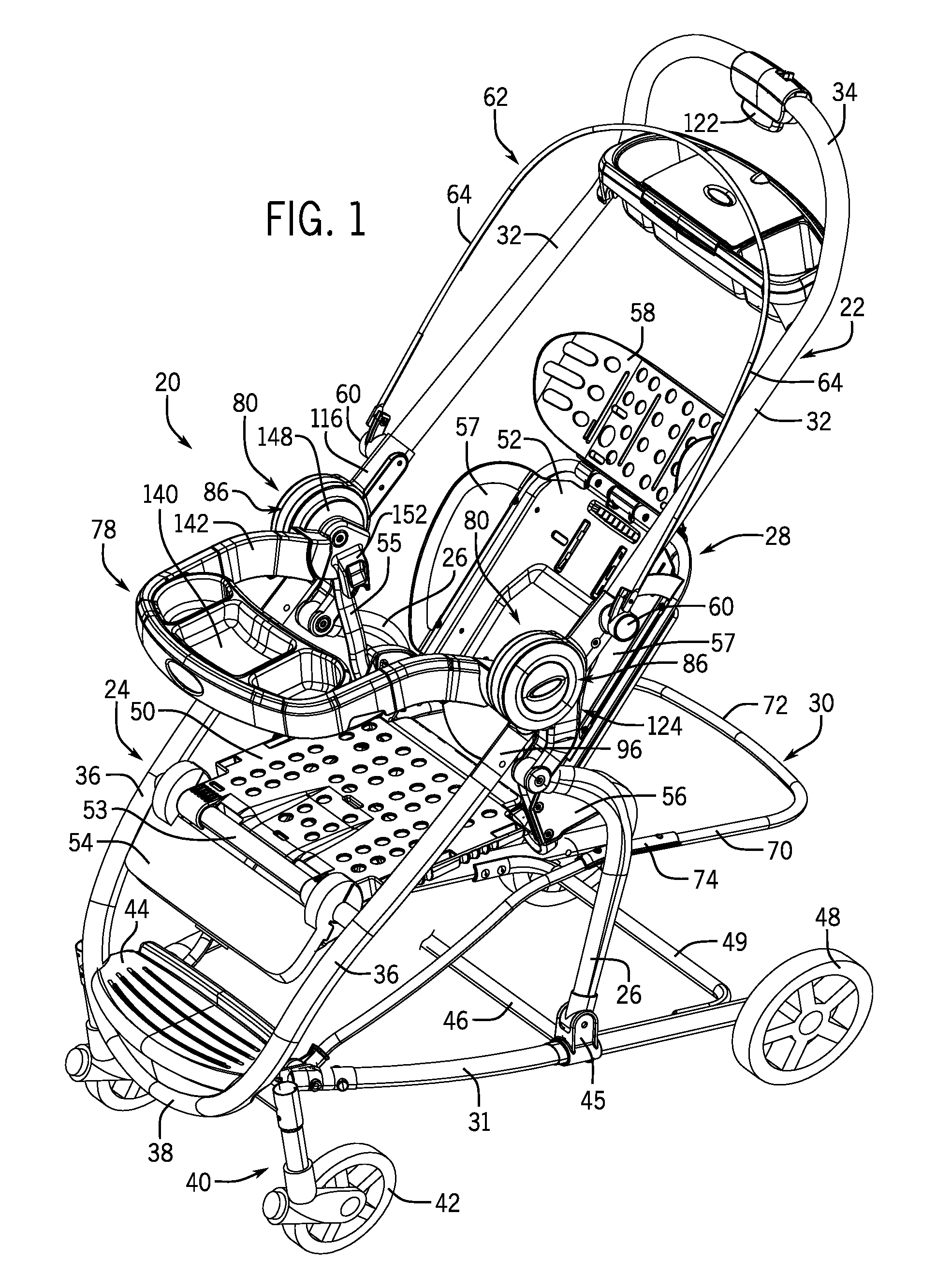 Foldable stroller and automatic folding tray for same