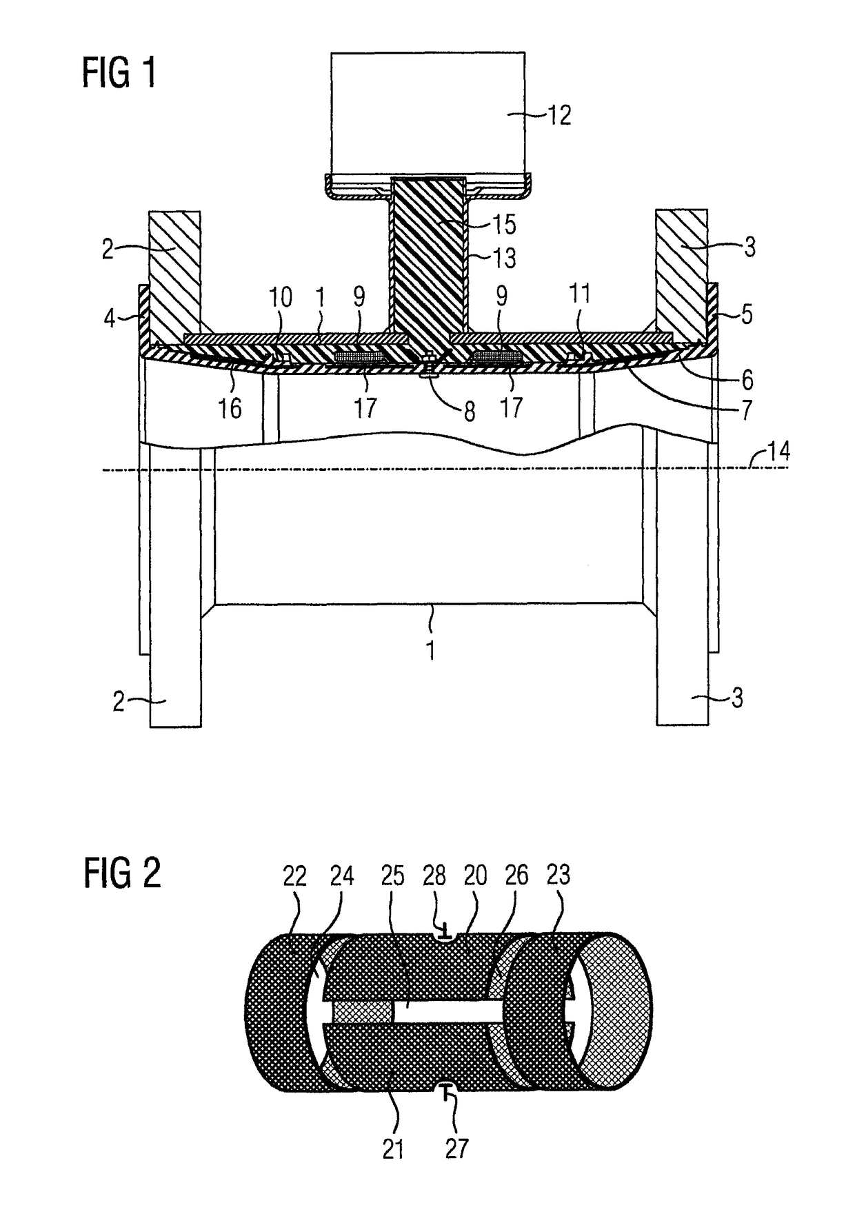 Magnetically inductive flow meter having a first electrode arrangement for galvanically inducing voltage and a second electrode arrangement for capacitively inducing voltage