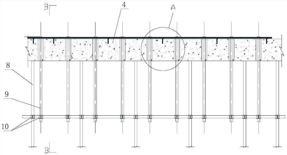 Embedding and fixing structure and embedding method for coal gas down-spraying pipes in coke oven foundation top plate