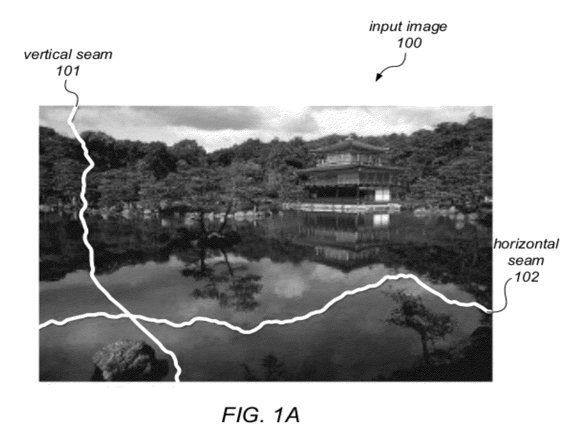 Seam-based reduction and expansion of images using parallel processing of retargeting matrix strips