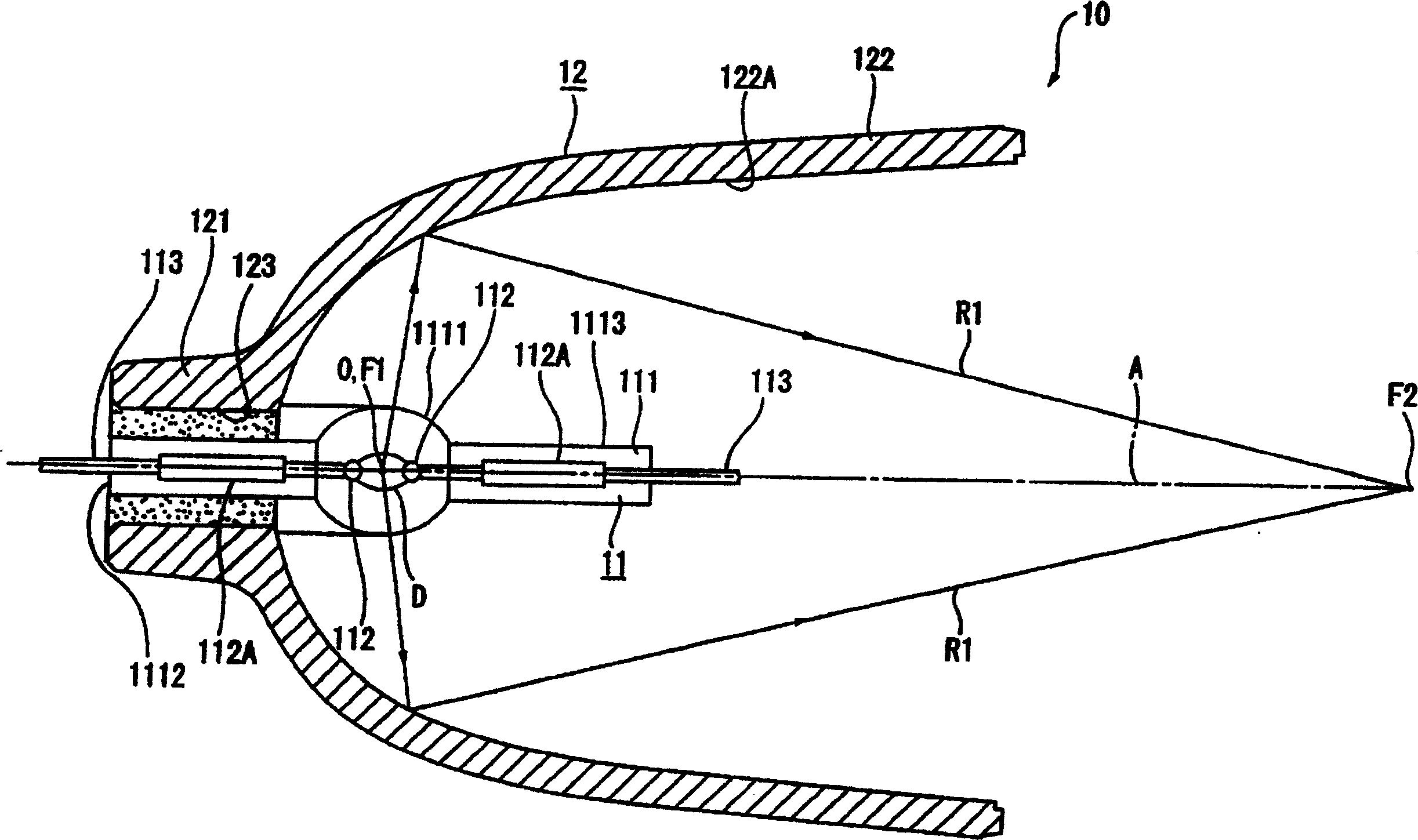 Light source device with discharge tube disposed in the neck of a reflector and projector therewith