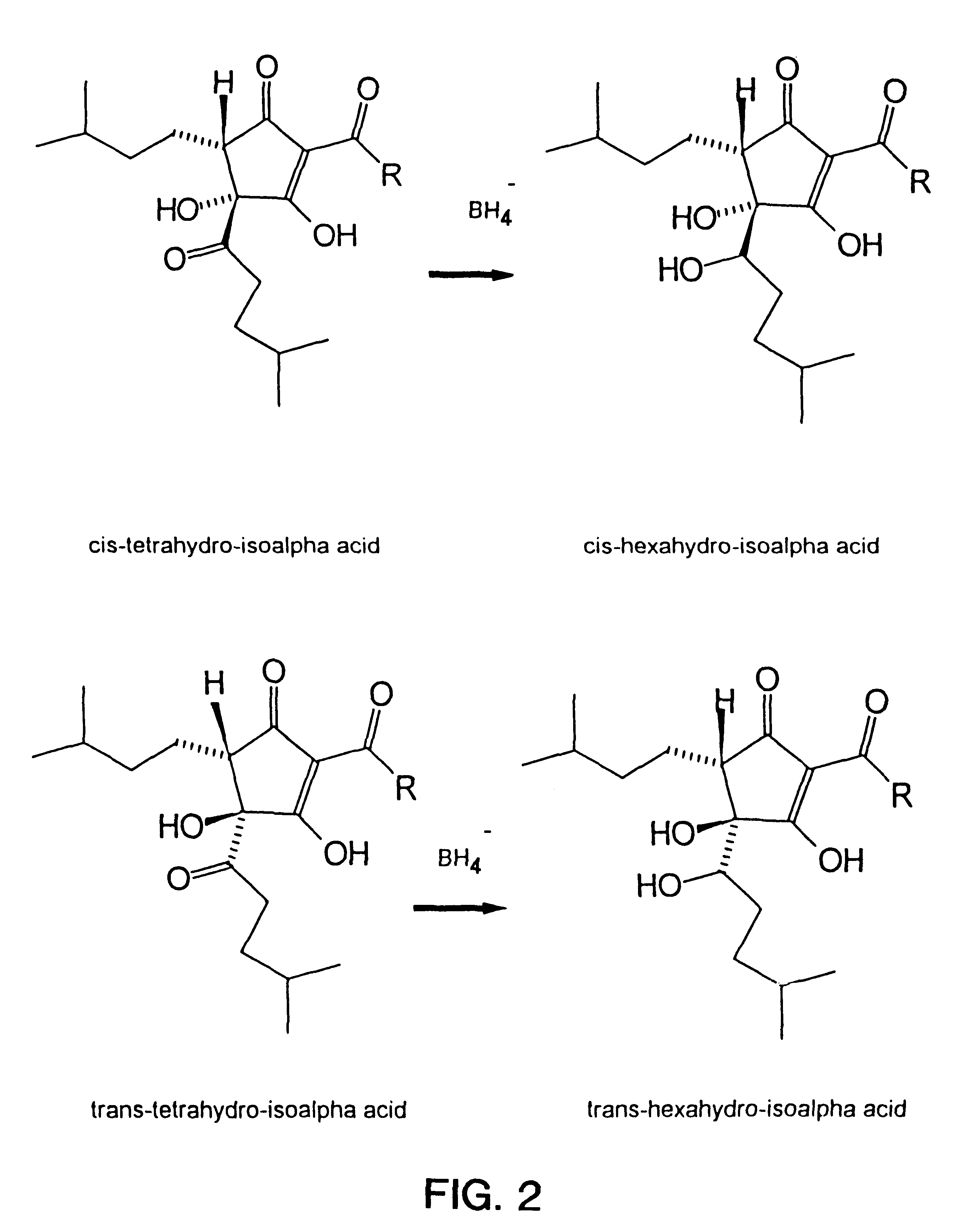 Dihydro and hexahydro isoalpha acids having a high ratio of trans to cis isomers, production thereof, and products containing the same