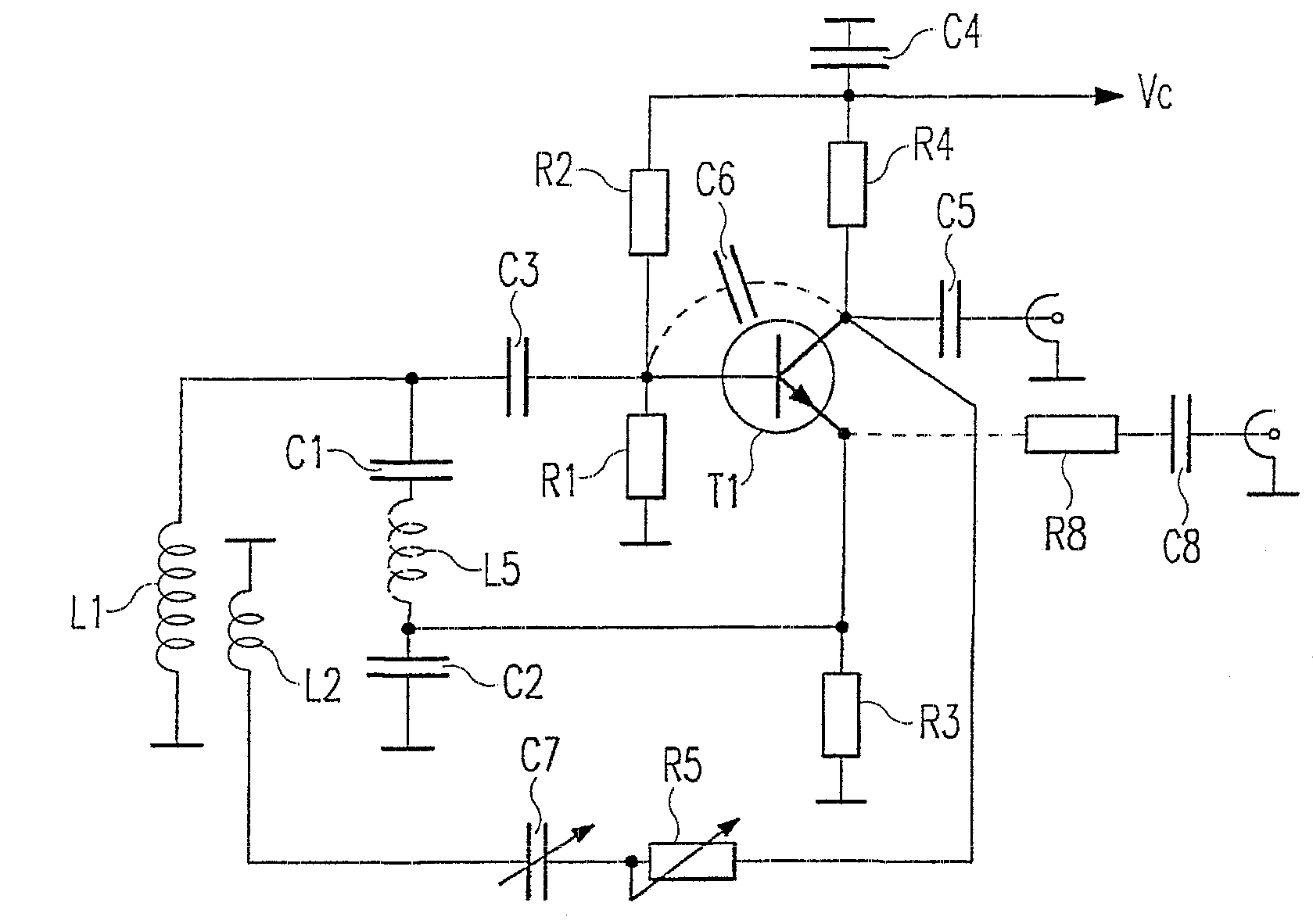 LC oscillator circuit with a compensation coil for parasitical collector capacitor