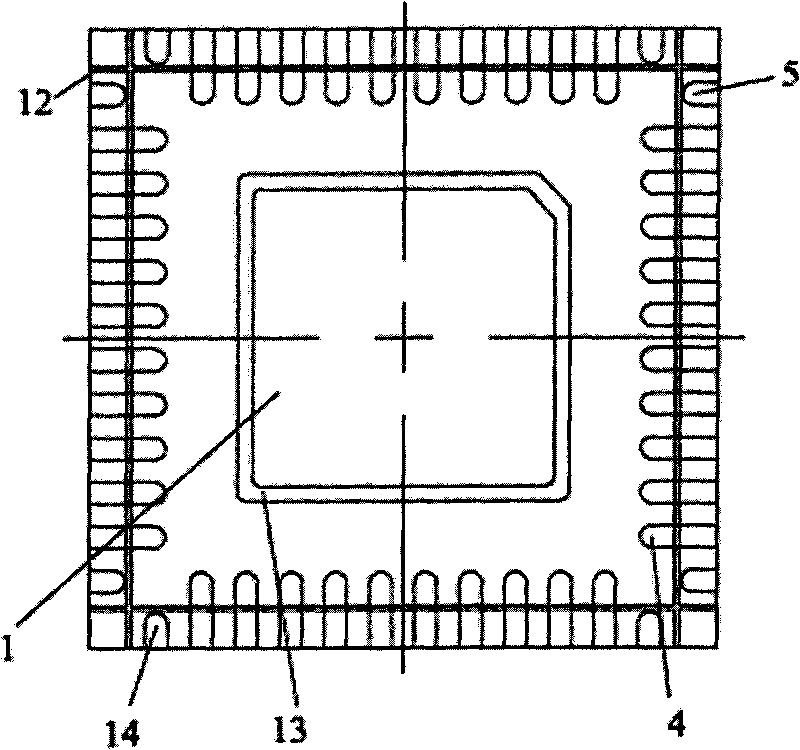 Packaging part with double-row pins and four flat and pin-free surfaces and production method thereof