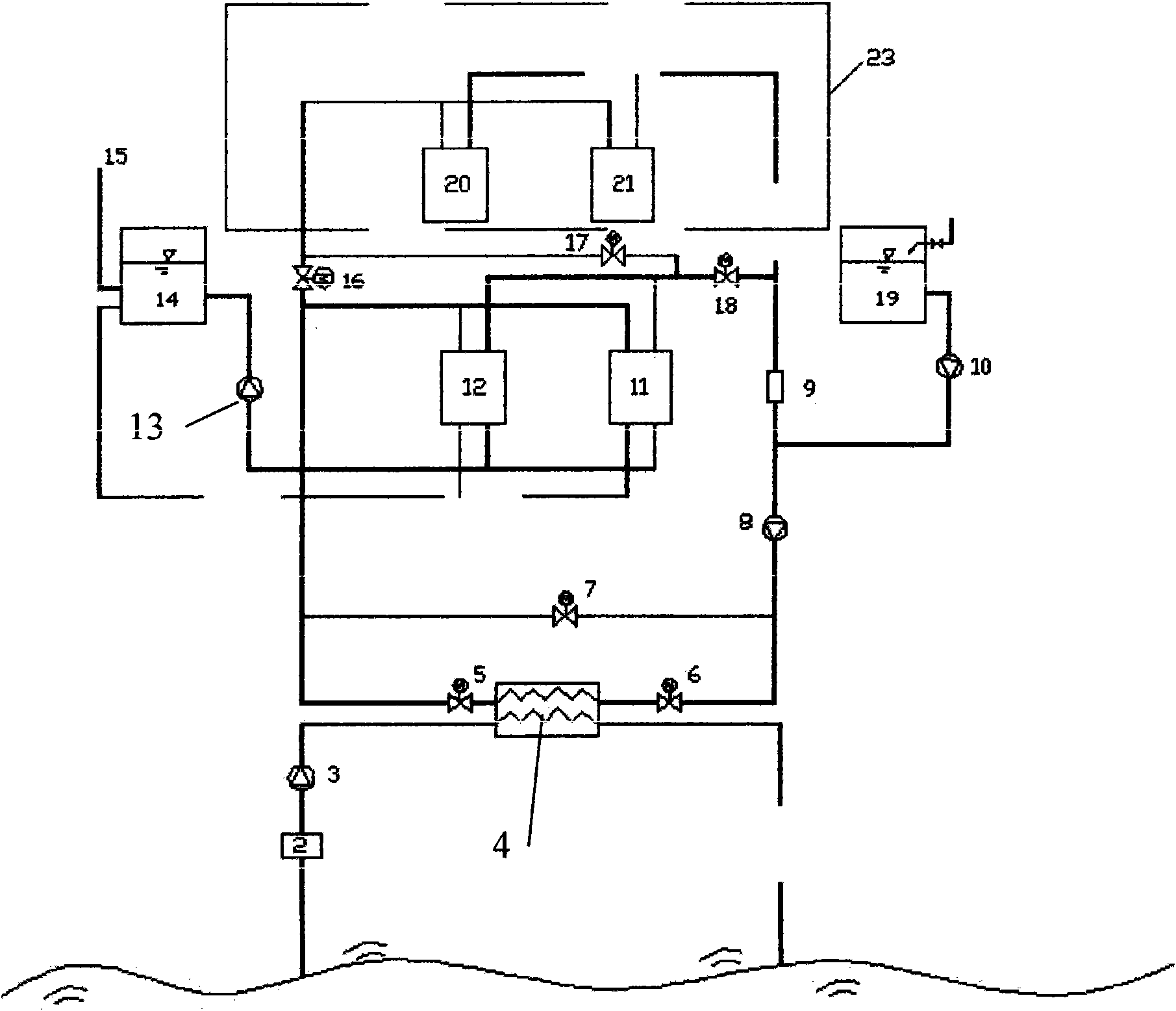 Seawater source water ring heat pump device for air-conditioning system