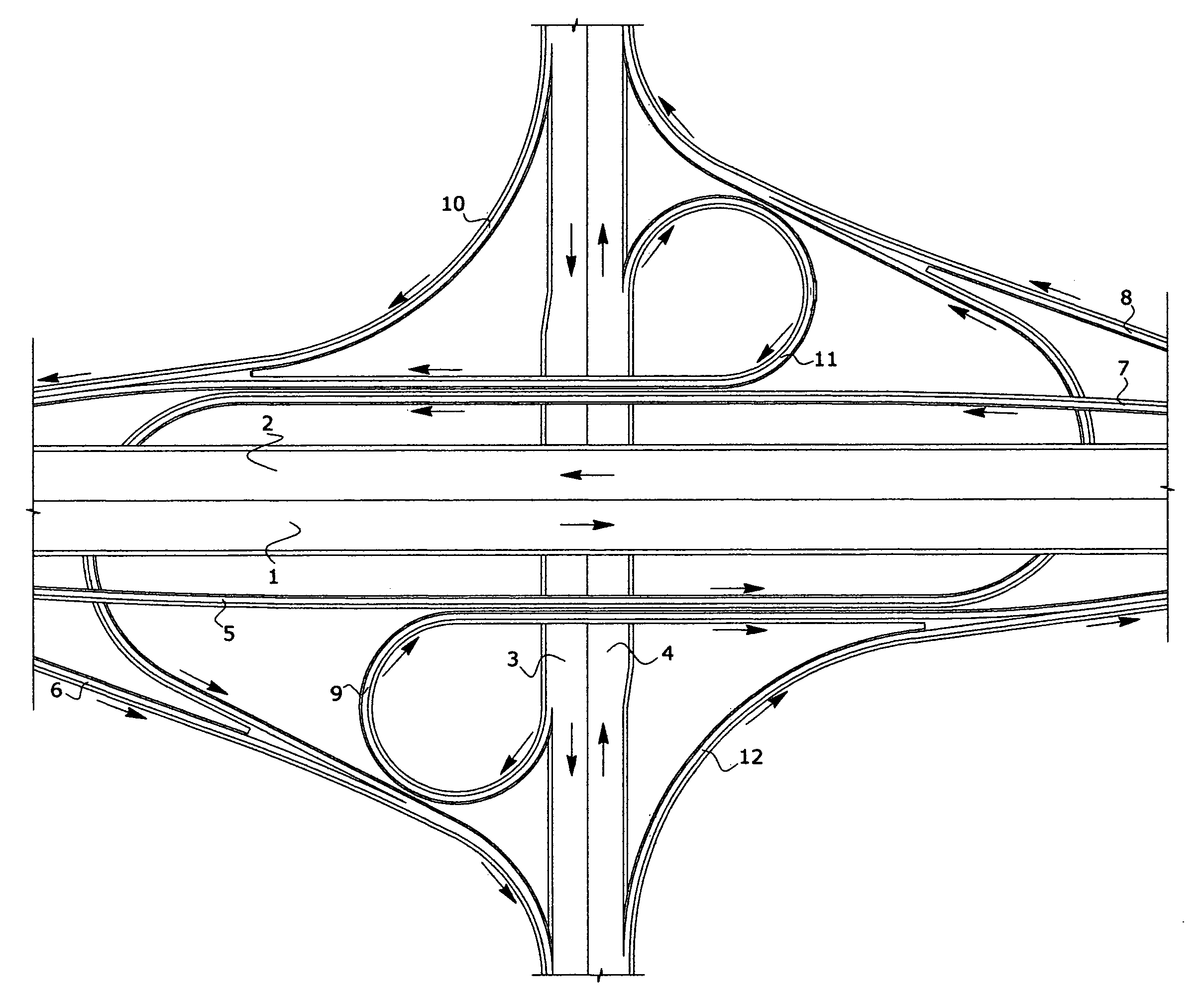 Weaving free two level cloverleaf type interchange for a highway crossing over a street