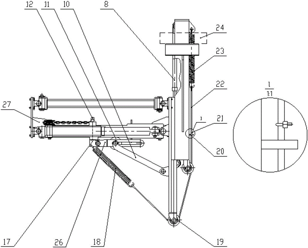 Working device lifting and swinging connecting frame device used on roadside stone cleaning machine