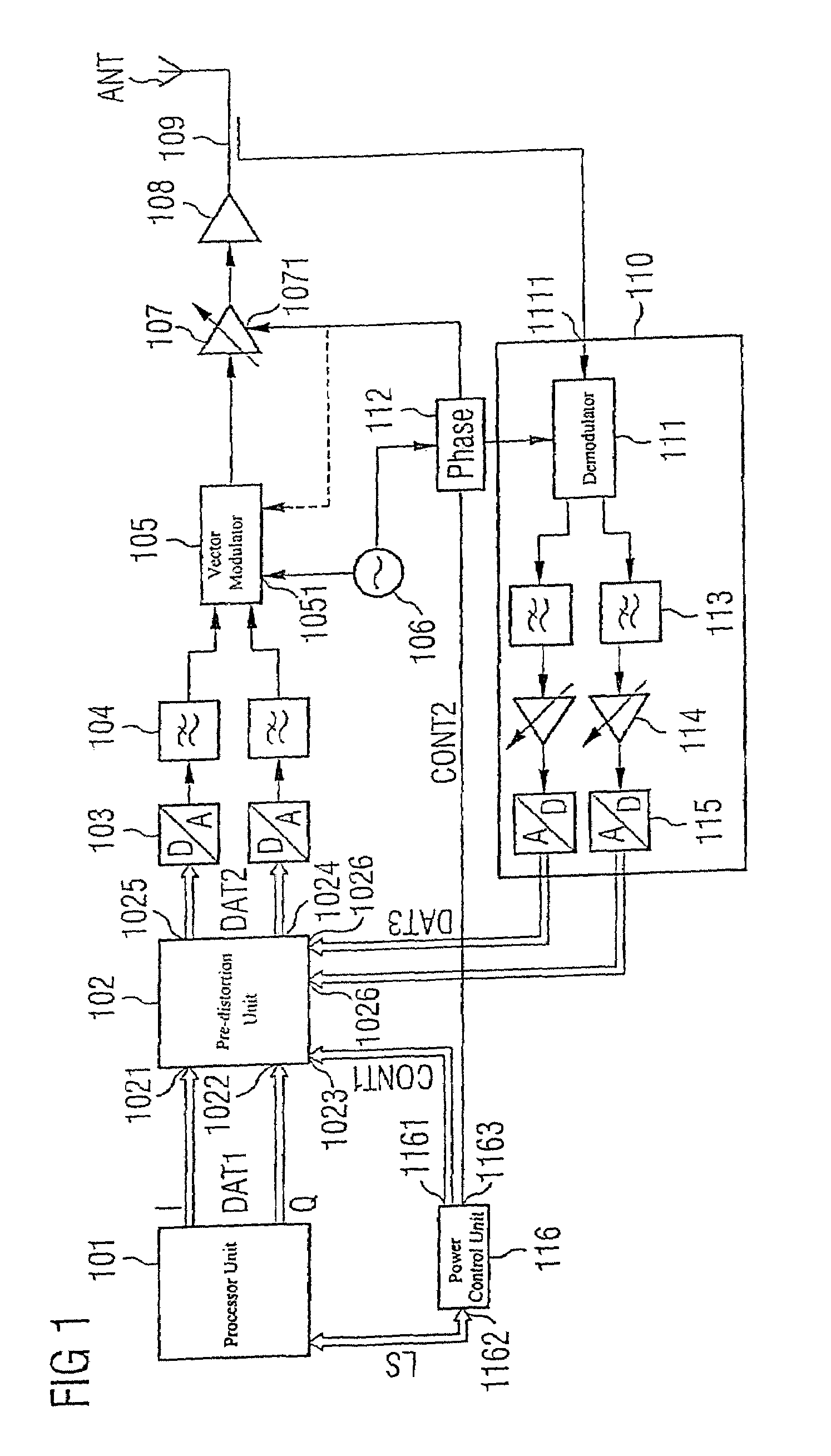 Transmission device with adaptive digital predistortion, transceiver with transmission device, and method for operating a transmission device