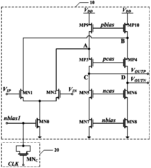 Fully differential operational amplifier modular circuit, analog-to-digital converter and readout integrated circuit