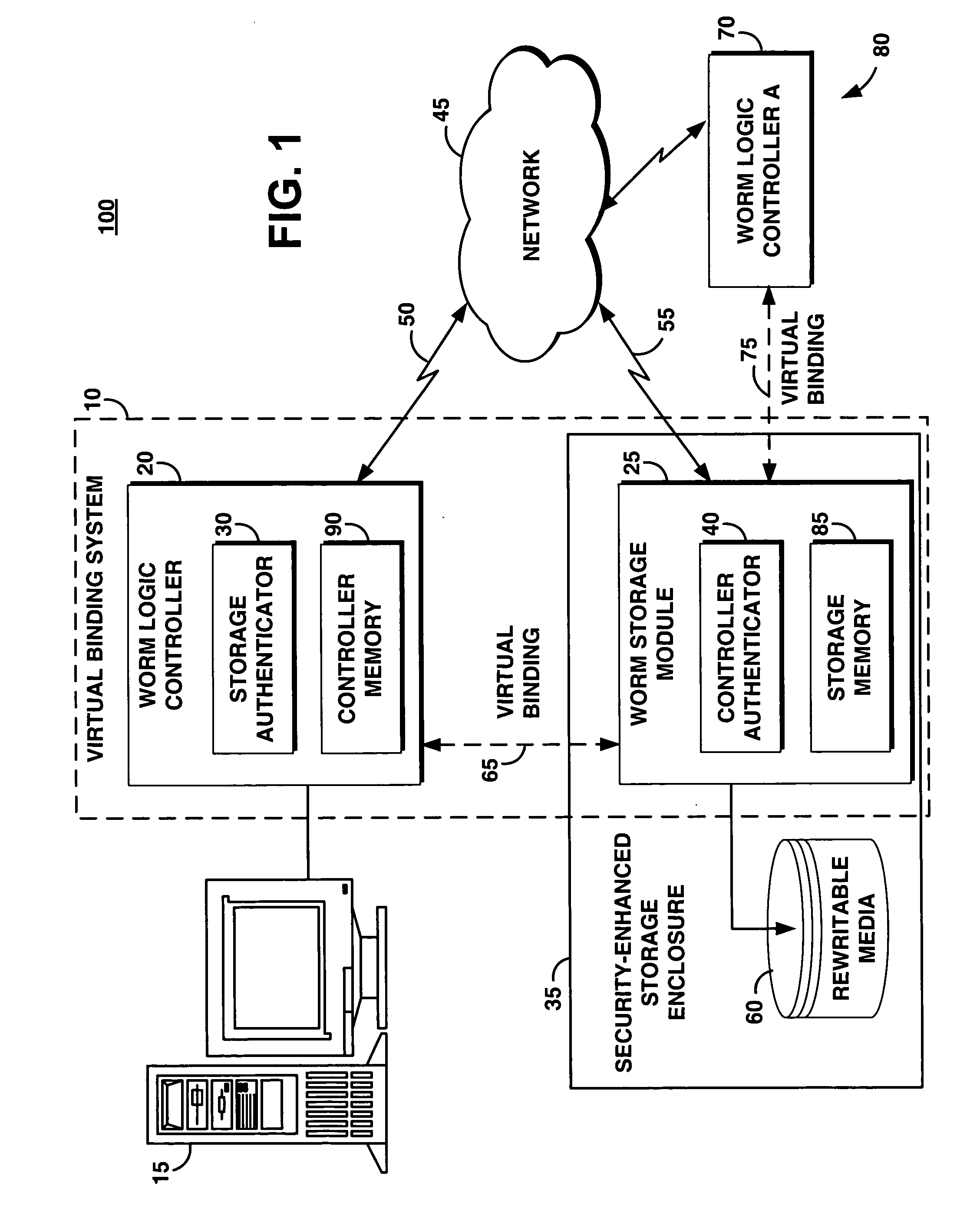 System and method for providing a virtual binding for a worm storage system on rewritable media