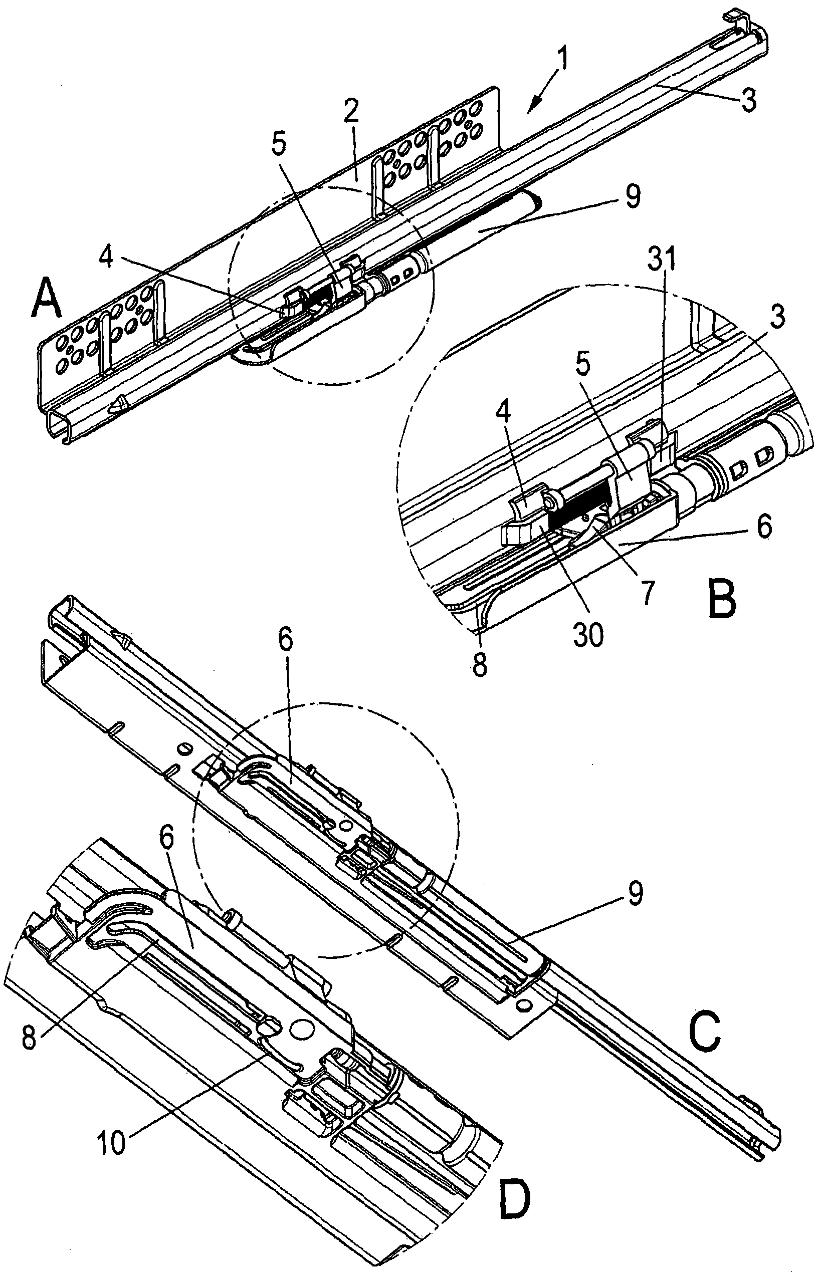 Device for opening and/or closing drawers and method for calibrating the same