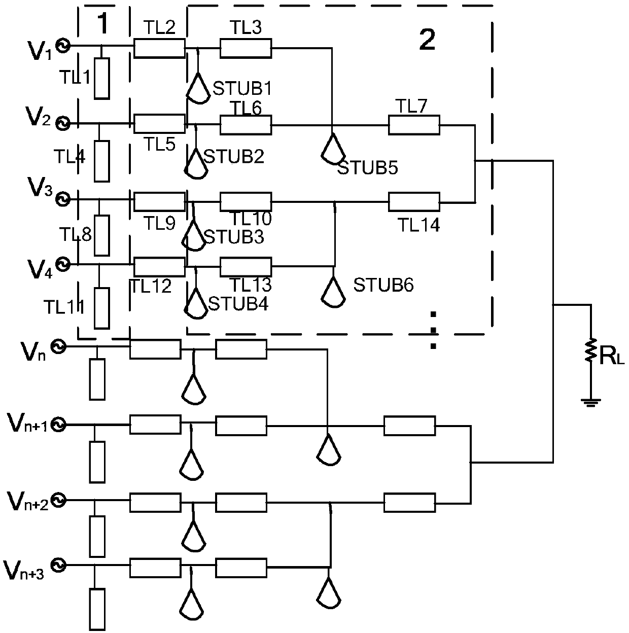 Multi-channel power combining circuit applied to out-of-phase power amplification system